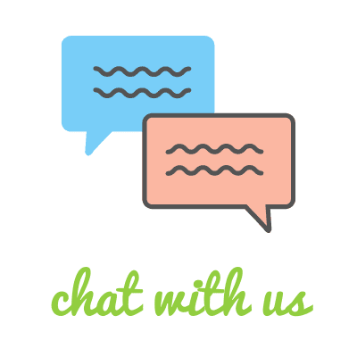 A drawing of two speech bubbles, one in peach, one light blue with the words "chat with us" in green lettering.