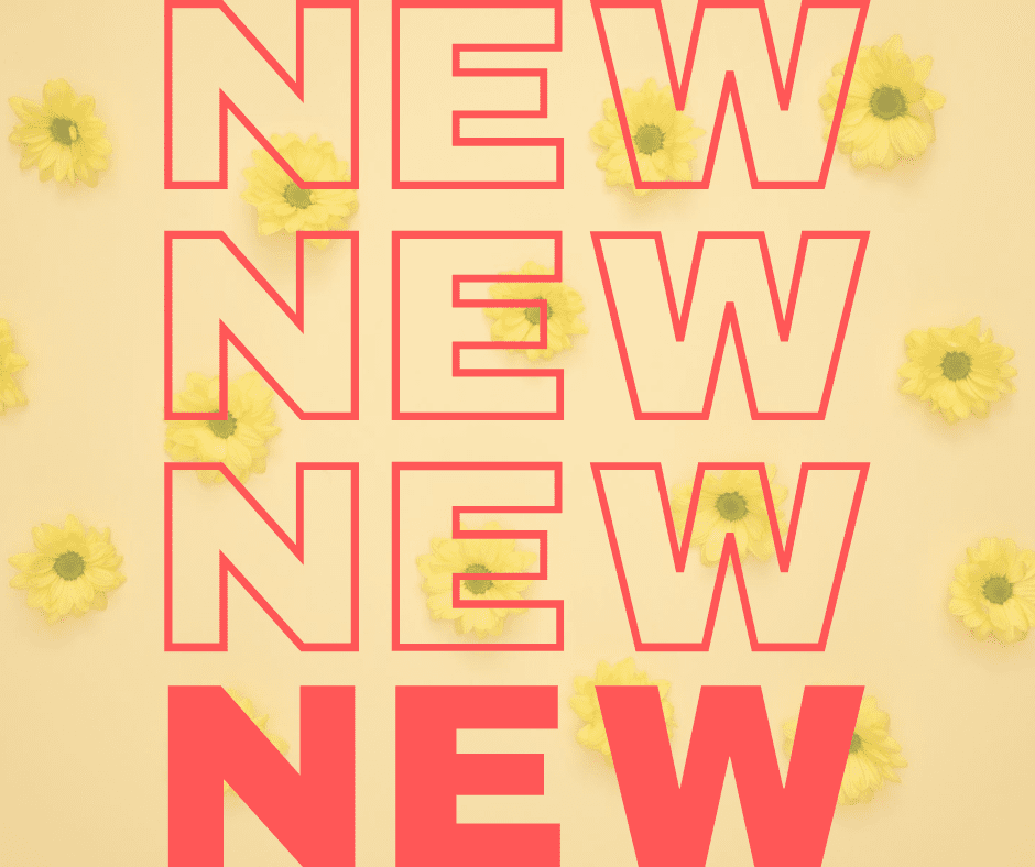 The words "new" written over and over in pink, the very last one filled in with a sunflower background.