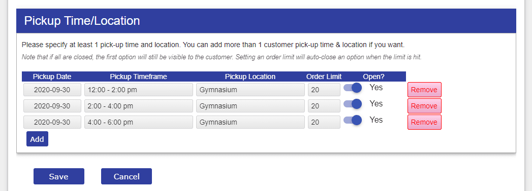 A screenshot of the pick up/location coordinators decide and are listed on the team website.